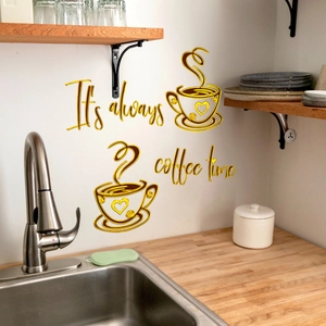 Golden It's always coffee time wall sticker featuring cups for kitchen home decor