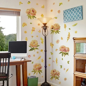 Floral wall decal set with pink peonies and golden butterflies for home decoration