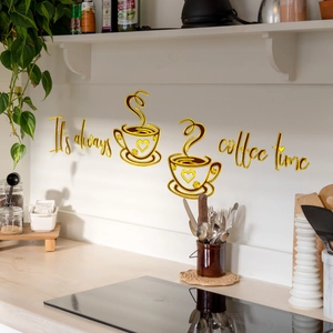 Golden mirror wall sticker with 'It's always coffee time' text and cups for kitchen decor