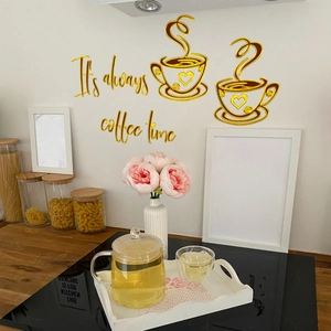 Close-up of golden acrylic coffee time wall stickers on a white kitchen wall décor