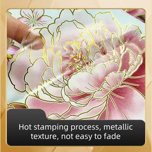 Detail of floral wall sticker with gold foil edges and transparent PET texture
