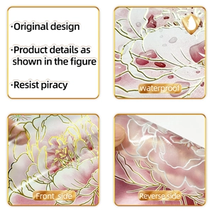 Detail of waterproof gold-stamped floral wall stickers with pink bloom textures
