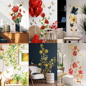 Gold Foil Flower Butterfly Wall Stickers Waterproof Metallic Texture Floral Decals For Bedroom Living Room Home Decor