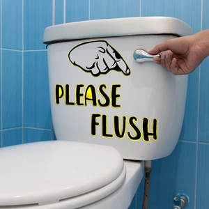 Detail showing waterproof 'PLEASE FLUSH' sticker and hand gesture on a ceramic toilet tank
