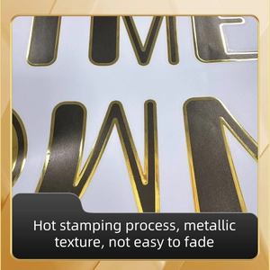 Macro shot of hot stamping toilet decal featuring metallic gold edges and textured gray font