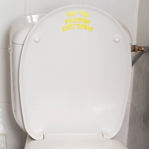 Detail of bright yellow Put Me Down humor sticker on a white ceramic toilet lid