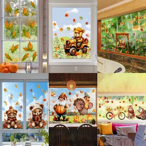 Autumn Thanksgiving Window Stickers Static Cling PVC Maple Leaves Pumpkin Bear Scarecrow Decals For Glass Harvest Decor