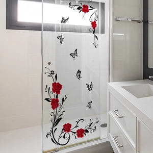 Red rose and black butterfly floral wall decal for bathroom glass shower doors