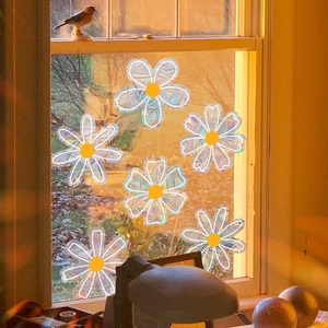 Rainbow daisy glass window stickers with colorful sun-catcher iris diffraction effect