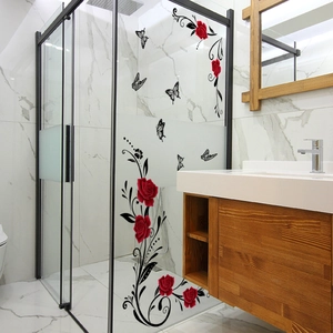 Creative red rose and black butterfly wall sticker for bathroom glass decoration
