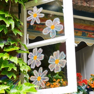 Rainbow effect prism window clings featuring five daisy flower stickers for home decor