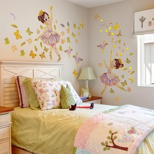 Stickers muraux amovibles fille de ballet et papillon dorés pour chambre d enfant
