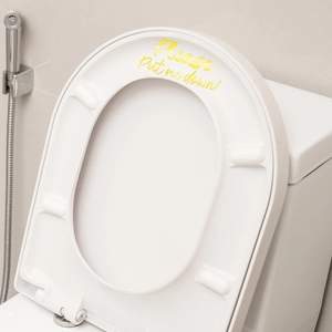 Detail of golden art font sticker with Please put me down slogan on a clean toilet lid