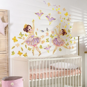 Stickers muraux ballerines avec papillons dorés pour décoration de chambre d'enfant