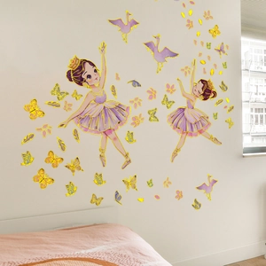 Stickers muraux ballerine avec robe violette et papillons dorés pour décoration chambre enfant