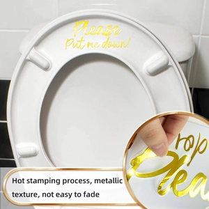 Detail of gold foil bathroom sticker with 'Please Put me down!' text on toilet lid