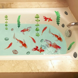 Stickers muraux créatifs carpes koi et plantes aquatiques pour déco de baignoire