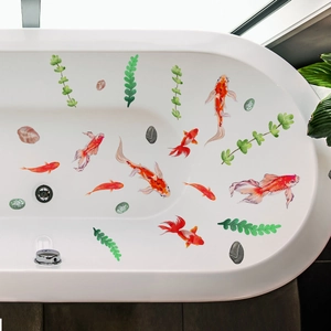 Stickers muraux créatifs de carpes koï et plantes aquatiques pour déco de baignoire