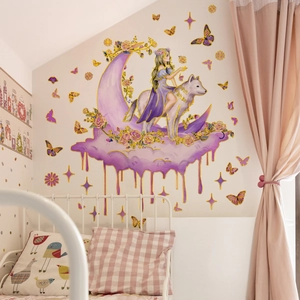 Sticker mural fille sur loup blanc et lune avec étoiles dorées pour chambre d'enfant
