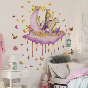Stickers muraux fille sur loup blanc avec lune violette et papillons dorés décoratifs