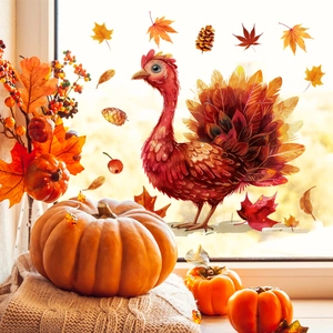 Herbstliche Fensterbilder mit Truthahn und Ahornblättern für Erntedankfest Deko