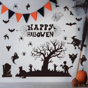 Black Halloween wall decals featuring bats, ghosts, and silhouettes on a brick wall