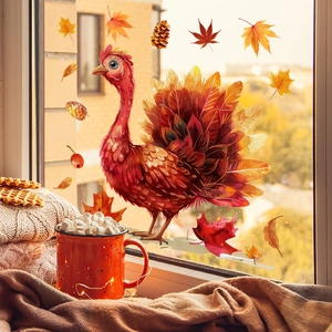 Thanksgiving Fensterbilder mit bunten Herbstblättern und Truthahn für Glasdekoration