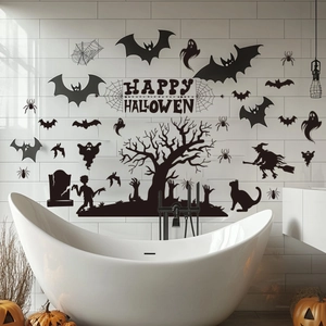 Λεπτομέρεια από αυτοκόλλητα τοίχου Halloween με νυχτερίδες σε ένα μοντέρνο μπάνιο