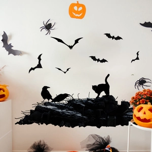 Αυτοκόλλητα τοίχου Halloween με μαύρες νυχτερίδες και 3D βάση για διακόσμηση