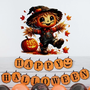 Λεπτομέρεια σετ Halloween με αυτοκόλλητο σκιάχτρο κολοκύθα και εορταστική σημαία