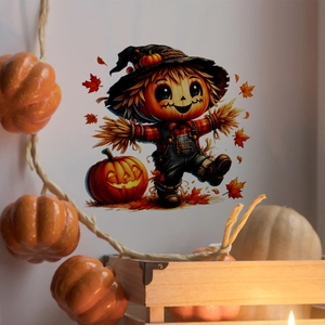 Αυτοκόλλητο τοίχου Halloween με σκιάχτρο κολοκύθα καρτούν και φθινοπωρινά φύλλα σφενδάμου