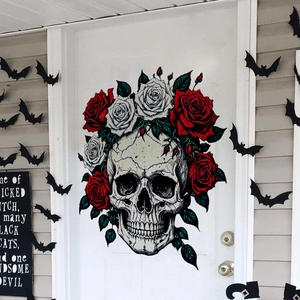 Γοτθικό αυτοκόλλητο πόρτας Halloween με ρεαλιστικό κρανίο και κόκκινα τριαντάφυλλα