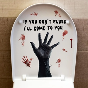 Halloween bloody handprint toilet lid decal with eerie warning text for spooky bathroom decor