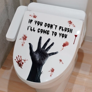 Halloween bloody handprint sticker with flush warning text for bathroom toilet lids