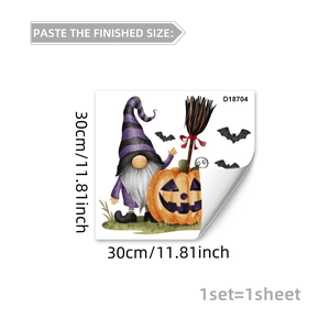 Halloween gnome and pumpkin wall sticker sheet showing 30x30cm dimensions and details