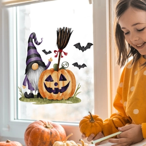 Halloween window decals featuring gnome, pumpkin and witch broom for home festive decoration