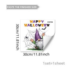 Halloween window sticker featuring gnome, spider web and bats with 30cm size details
