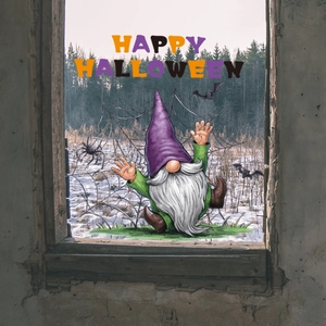 Macro view of Halloween window sticker featuring purple gnome and Happy Halloween text