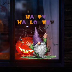 Cartoon gnome and pumpkin Halloween static window stickers with Happy Halloween text