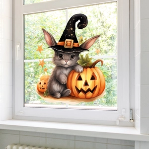 Halloween window sticker featuring a rabbit in a wizard hat with pumpkins and maple leaves