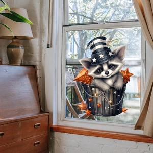 Cartoon Waschbär Fensteraufkleber mit US Flagge Hut für die Innendekoration zu Hause