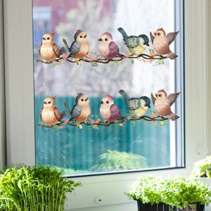 Double-sided sparrow and vine static glass window decals with colorful birds and flowers