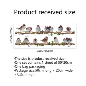 Sizing chart for static cling bird window decals on tree branches with green leaves