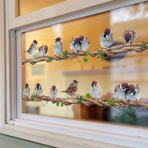 Creative bird window static cling with realistic sparrows on vine branches for home glass
