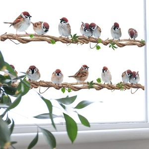 Creative bird vine static window stickers featuring realistic sparrows on green branches