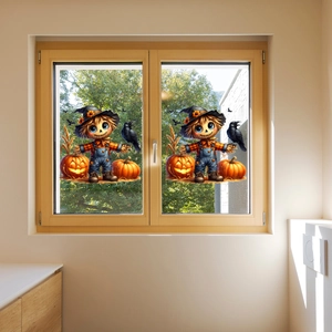 Close-up of Halloween window decals featuring cute scarecrow and pumpkin on glass