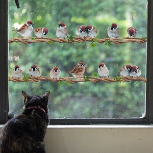 Realistic bird and tree vine static window stickers featuring sparrows on glass panes
