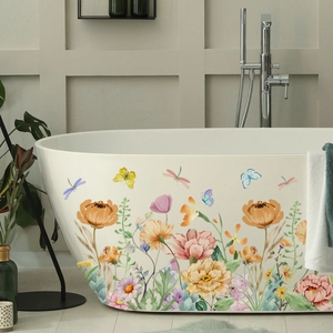 Creative watercolor floral and butterfly self-adhesive wall stickers for bathtub decoration