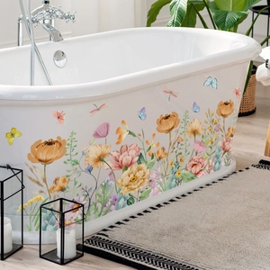 Floral bathtub wall decals featuring watercolor sunflowers and butterflies for home decor
