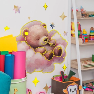 Cartoon sleeping bear on pink cloud wall sticker with golden stars for kids room